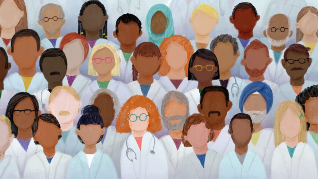Drawing of ethnically diverse group of medical professionals