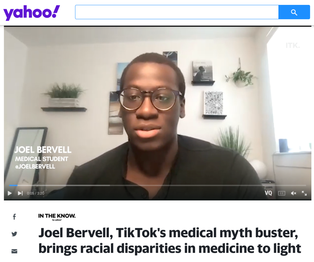 Screenshot of news headline: Joel Bervel, TikTok's medical myth buster, brings racial disparities in medicine to light